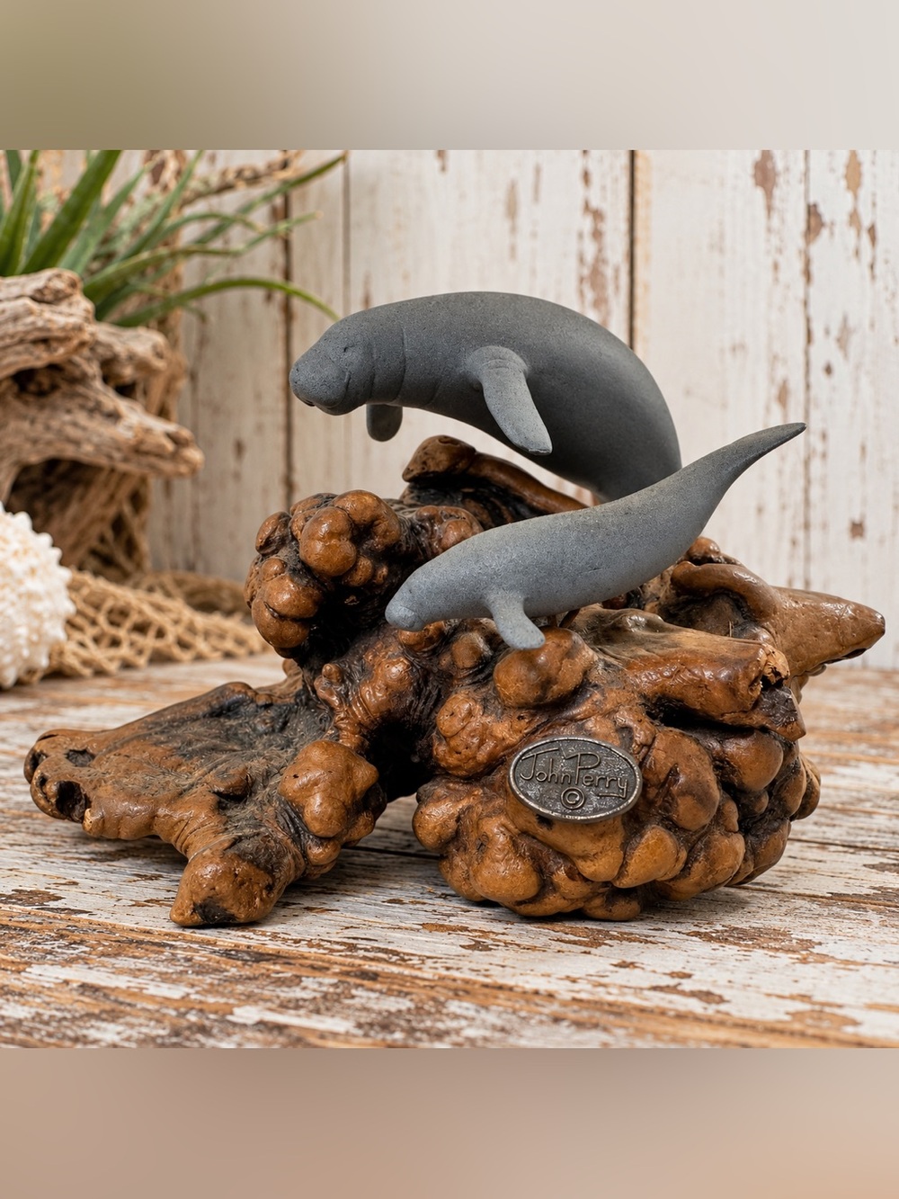 Vintage John Perry Manatee Pair Sculpture Burlwood Base Coastal Marine Art